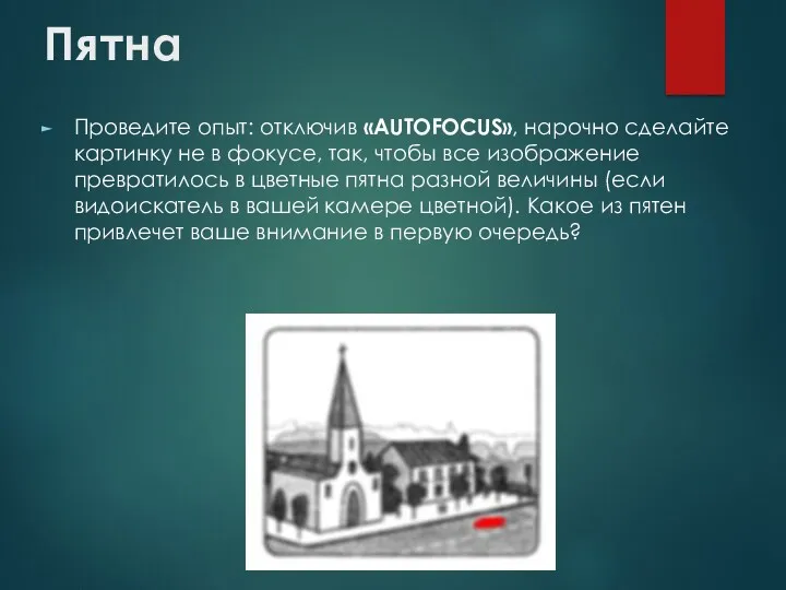 Пятна Проведите опыт: отключив «AUTOFOCUS», нарочно сделайте картинку не в