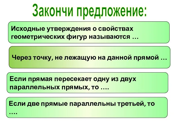 Закончи предложение: Исходные утверждения о свойствах геометрических фигур называются …