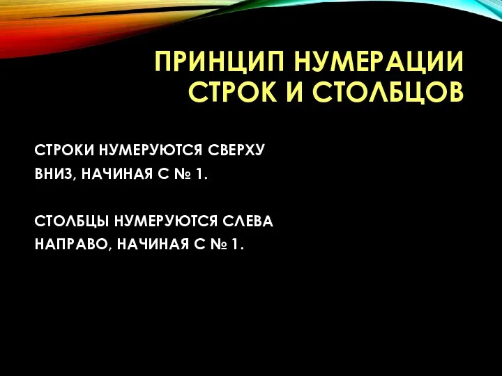 ПРИНЦИП НУМЕРАЦИИ СТРОК И СТОЛБЦОВ СТРОКИ НУМЕРУЮТСЯ СВЕРХУ ВНИЗ, НАЧИНАЯ