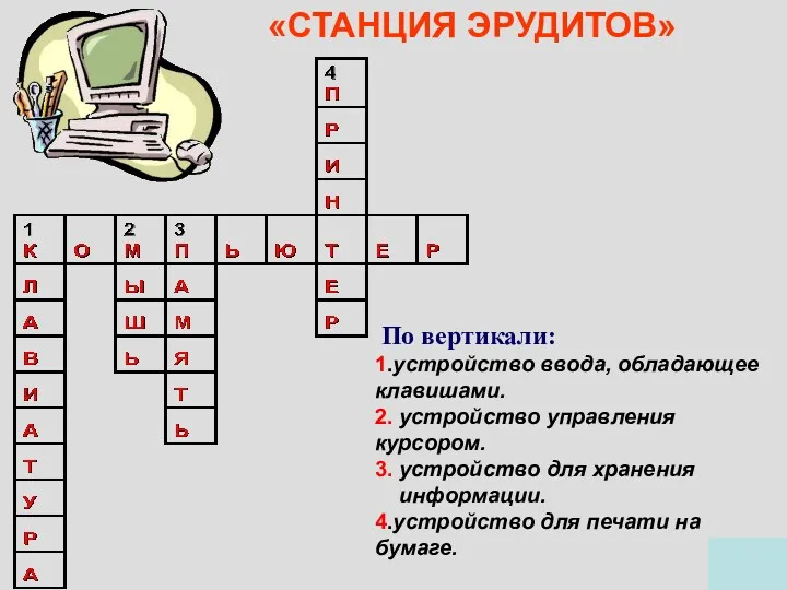 «СТАНЦИЯ ЭРУДИТОВ» По вертикали: 1.устройство ввода, обладающее клавишами. 2. устройство