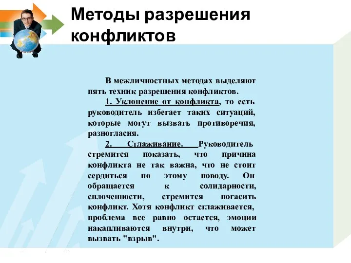 Методы разрешения конфликтов В межличностных методах выделяют пять техник разрешения