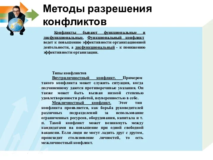 Методы разрешения конфликтов Конфликты бывают функциональные и дисфункциональные. Функциональный конфликт