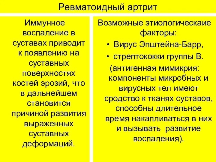 Ревматоидный артрит Иммунное воспаление в суставах приводит к появлению на