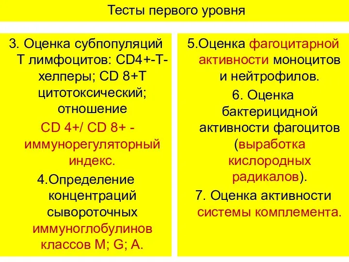 Тесты первого уровня 3. Оценка субпопуляций Т лимфоцитов: CD4+-Т-хелперы; CD