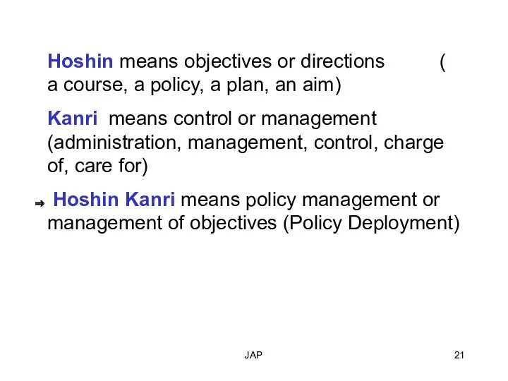 JAP Hoshin means objectives or directions ( a course, a