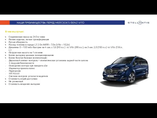 НАШИ ПРЕИМУЩЕСТВА ПЕРЕД MERCEDES-BENZ VITO В чем мы лучше: Снаряженная