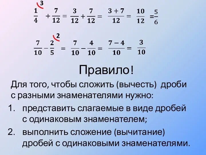 Правило! Для того, чтобы сложить (вычесть) дроби с разными знаменателями