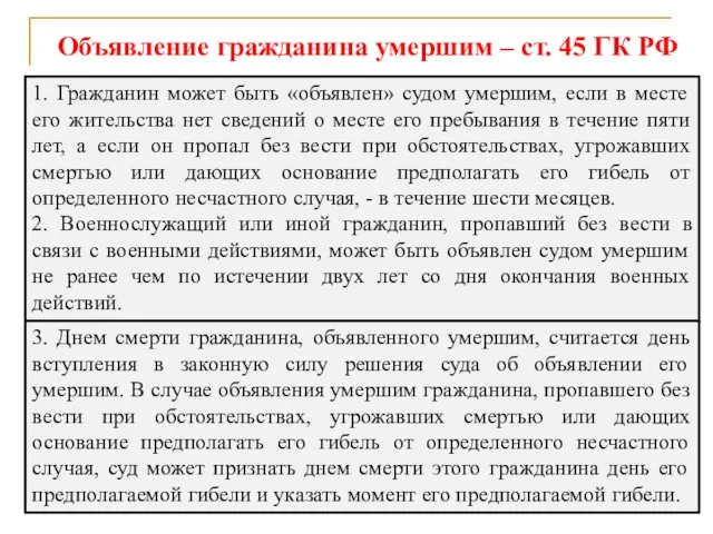 Объявление гражданина умершим – ст. 45 ГК РФ 1. Гражданин