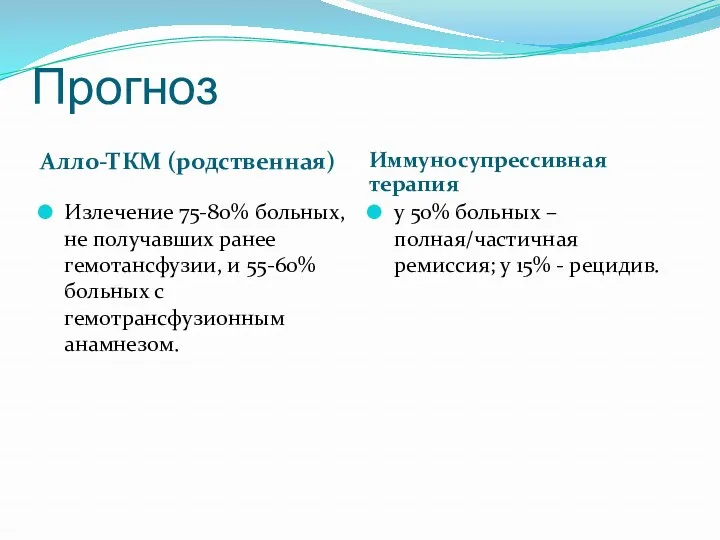 Прогноз Алло-ТКМ (родственная) Иммуносупрессивная терапия Излечение 75-80% больных, не получавших