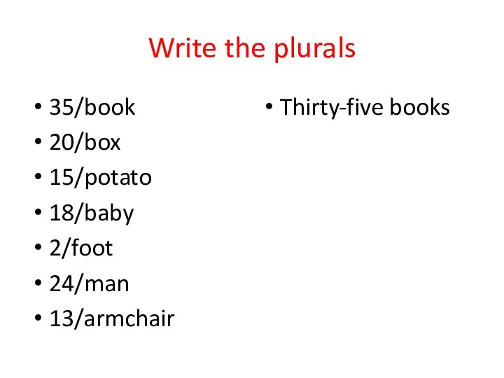 Write the plurals 35/book 20/box 15/potato 18/baby 2/foot 24/man 13/armchair Thirty-five books