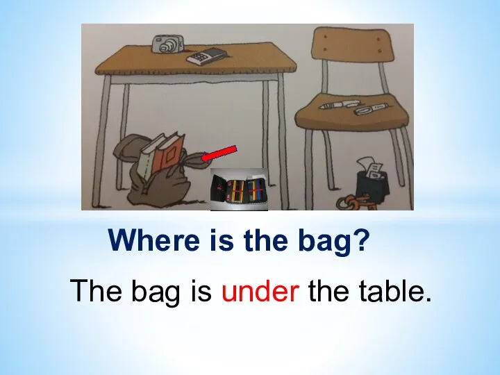 Where is the bag? The bag is under the table.