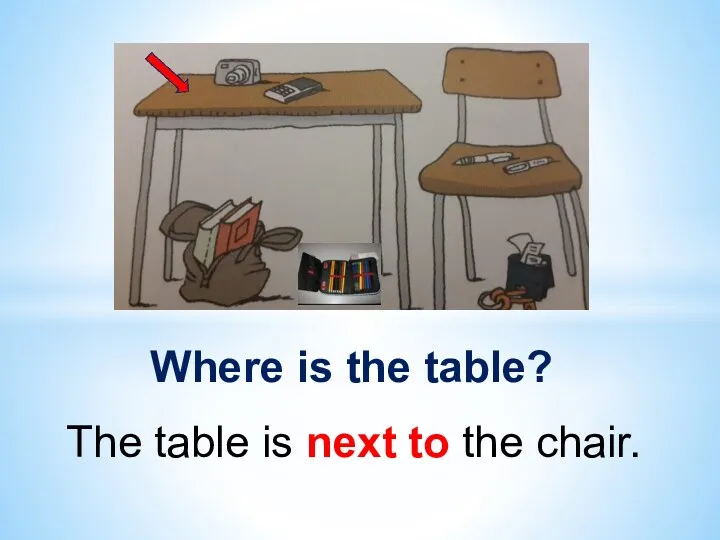 Where is the table? The table is next to the chair.