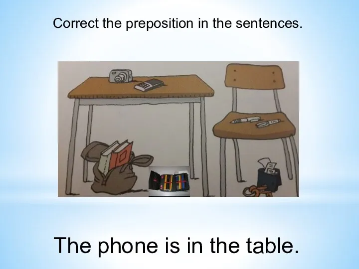 Correct the preposition in the sentences. The phone is in the table.