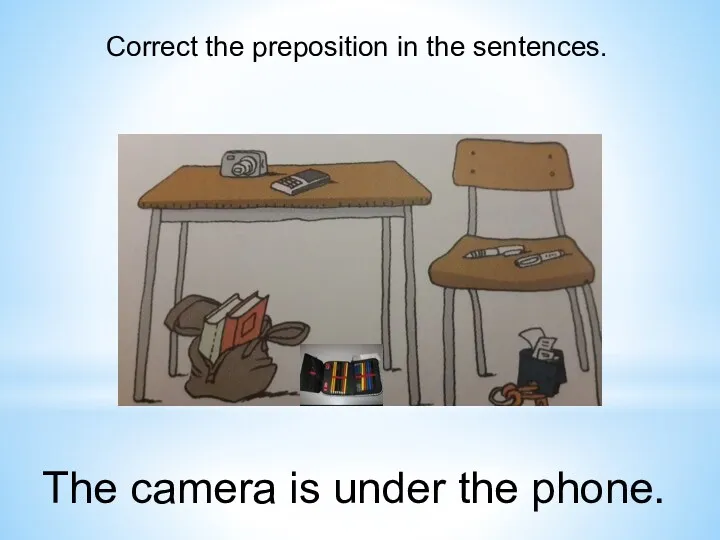 Correct the preposition in the sentences. The camera is under the phone.