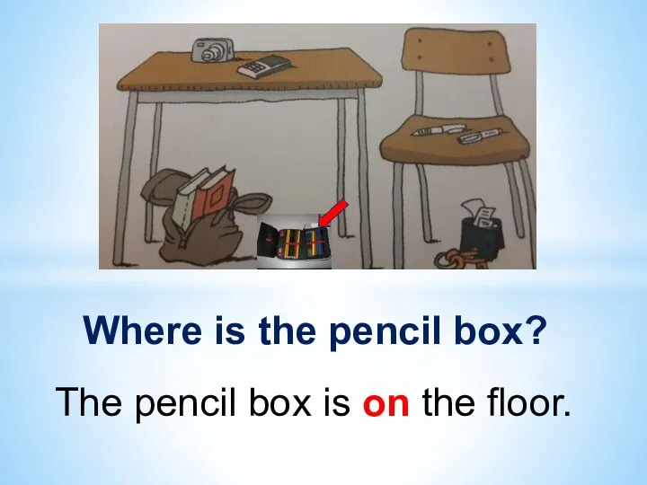 Where is the pencil box? The pencil box is on the floor.