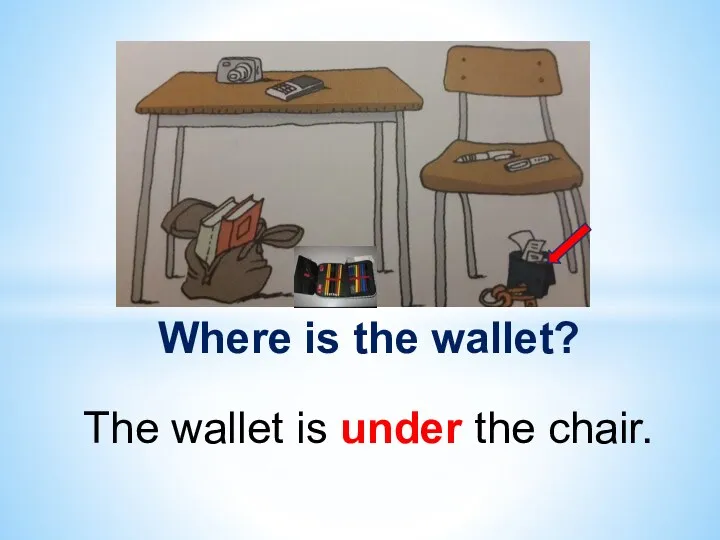 Where is the wallet? The wallet is under the chair.