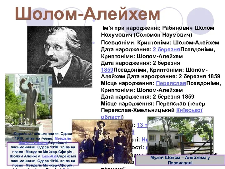 Шолом-Алейхем Ім'я при народженні: Рабинович Шолом Нохумович (Соломон Наумович) Псевдоніми,