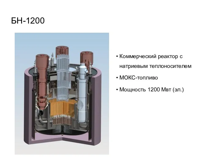 БН-1200 Коммерческий реактор с натриевым теплоносителем МОКС-топливо Мощность 1200 Мвт (эл.)