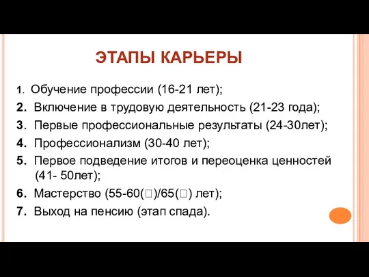 ЭТАПЫ КАРЬЕРЫ 1. Обучение профессии (16-21 лет); 2. Включение в