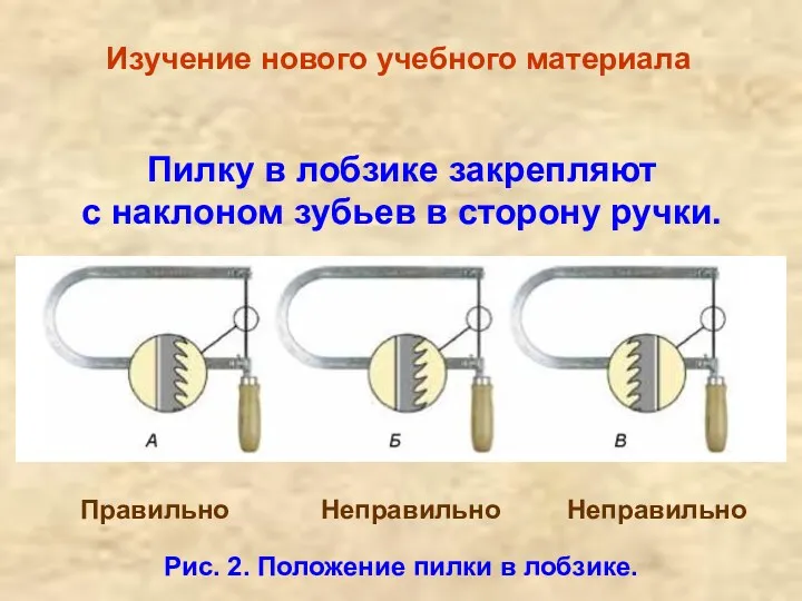 Изучение нового учебного материала Пилку в лобзике закрепляют с наклоном