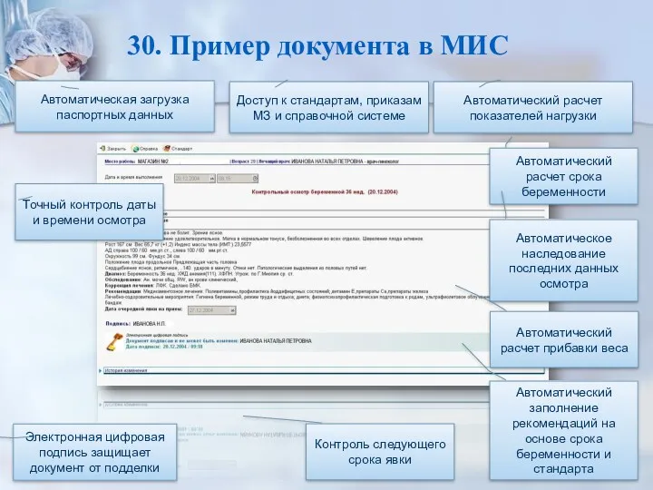 30. Пример документа в МИС Автоматический расчет показателей нагрузки Доступ