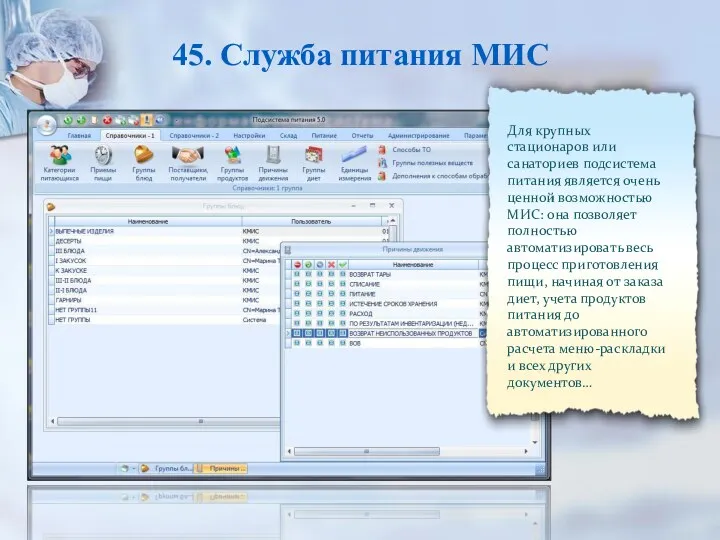 45. Служба питания МИС Для крупных стационаров или санаториев подсистема