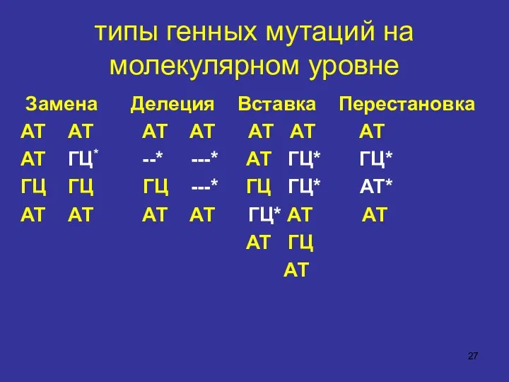 типы генных мутаций на молекулярном уровне Замена Делеция Вставка Перестановка