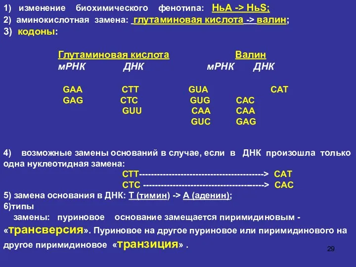 1) изменение биохимического фенотипа: НьА -> HьS; 2) аминокислотная замена: