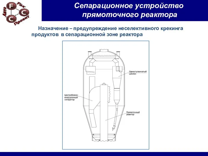 Сепарационное устройство прямоточного реактора Назначение – предупреждение неселективного крекинга продуктов в сепарационной зоне реактора