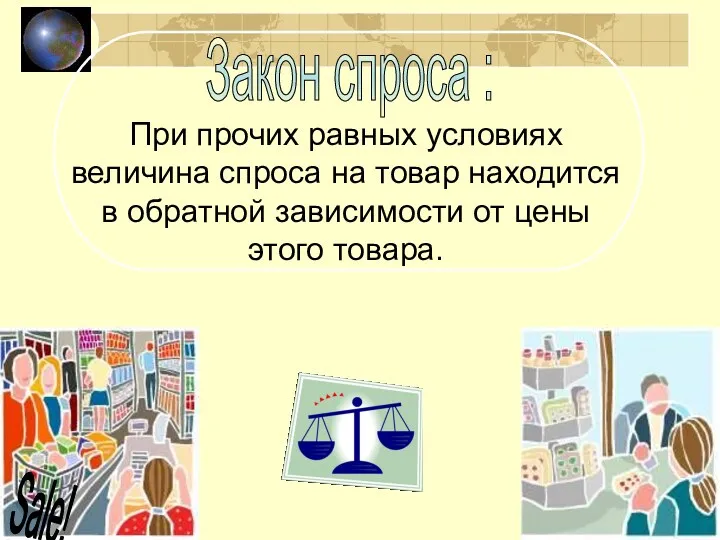 Закон спроса : При прочих равных условиях величина спроса на