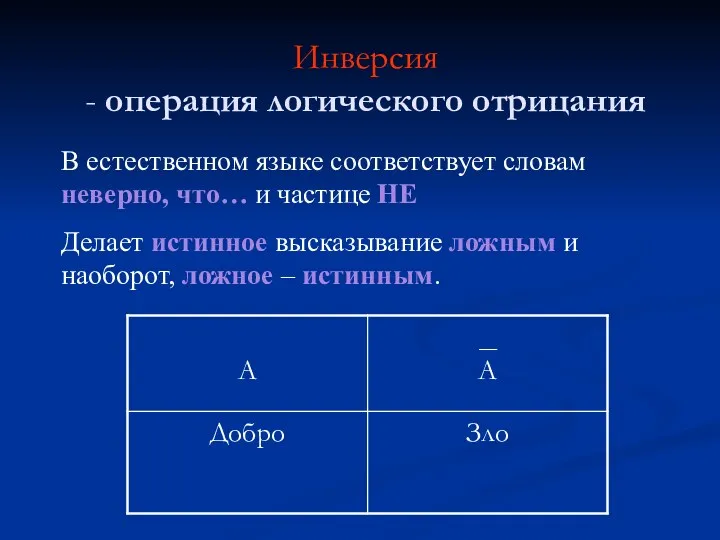 Инверсия - операция логического отрицания В естественном языке соответствует словам неверно, что… и