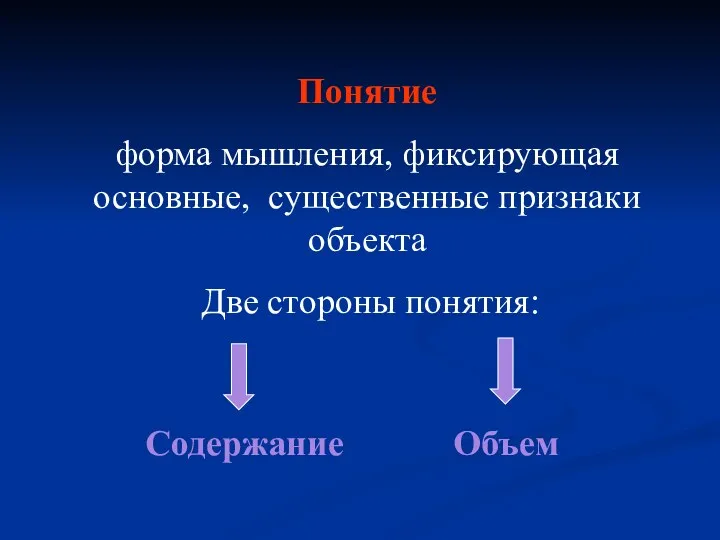 Понятие форма мышления, фиксирующая основные, существенные признаки объекта Две стороны понятия: Объем Содержание