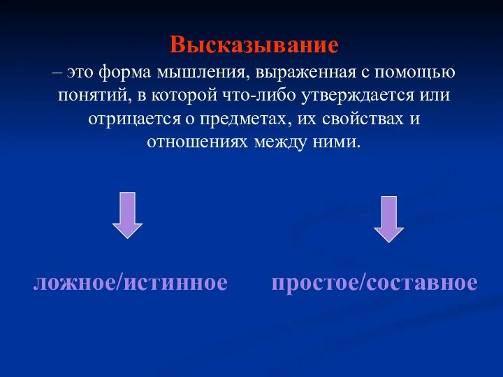 Высказывание – это форма мышления, выраженная с помощью понятий, в которой что-либо утверждается