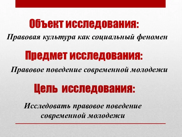 Объект исследования: Правовая культура как социальный феномен Предмет исследования: Правовое