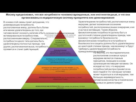 Маслоу предположил, что все потребности человека врожденные, или инстинктоидные, и