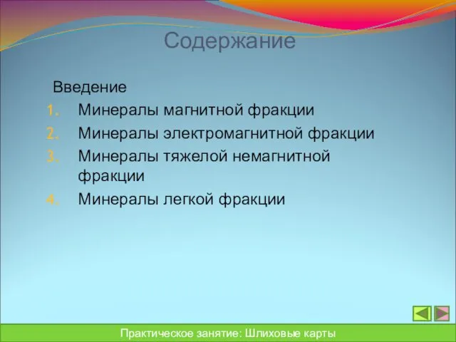 Содержание Введение Минералы магнитной фракции Минералы электромагнитной фракции Минералы тяжелой немагнитной фракции Минералы легкой фракции