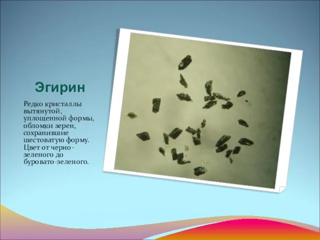 Эгирин Редко кристаллы вытянутой, уплощенной формы, обломки зерен, сохранившие шестоватую форму. Цвет от черно-зеленого до буровато-зеленого.