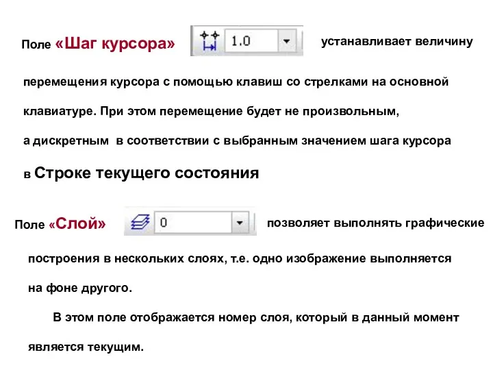 Поле «Шаг курсора» устанавливает величину перемещения курсора с помощью клавиш