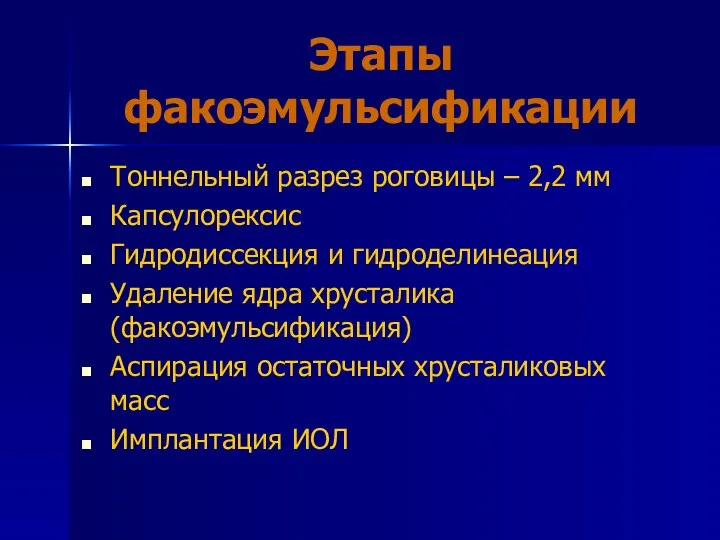 Этапы факоэмульсификации Тоннельный разрез роговицы – 2,2 мм Капсулорексис Гидродиссекция