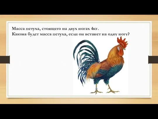 Масса петуха, стоящего на двух ногах 4кг. Какова будет масса