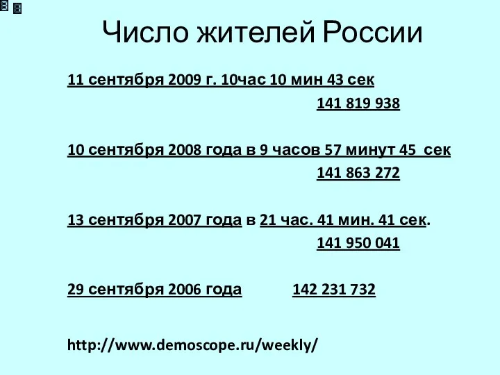 Число жителей России 11 сентября 2009 г. 10час 10 мин