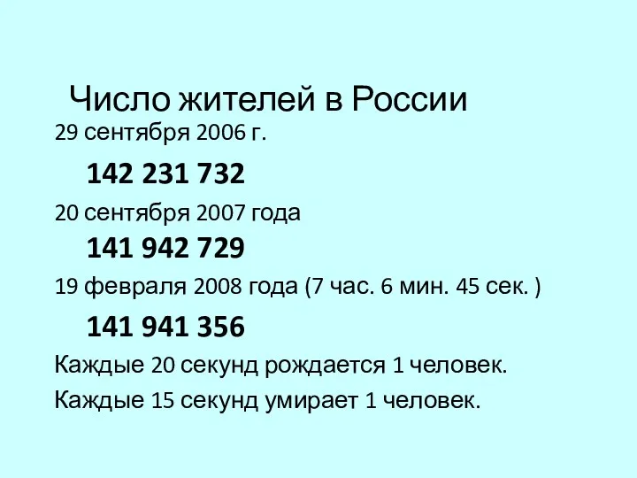 Число жителей в России 29 сентября 2006 г. 142 231