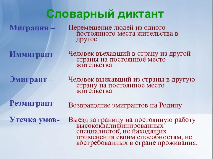 Словарный диктант Миграция – Иммигрант – Эмигрант – Реэмигрант– Утечка