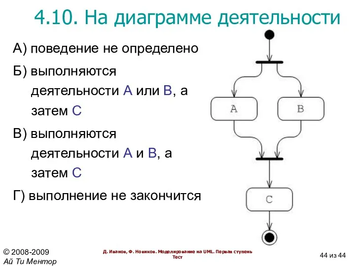 4.10. На диаграмме деятельности А) поведение не определено Б) выполняются