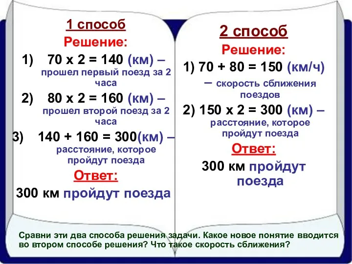 2 способ Решение: 1) 70 + 80 = 150 (км/ч)