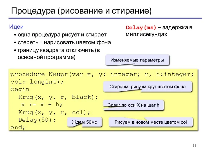 Процедура (рисование и стирание) procedure Neupr(var x, y: integer; r,