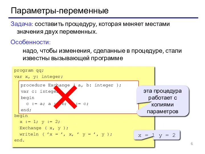 Параметры-переменные Задача: составить процедуру, которая меняет местами значения двух переменных.