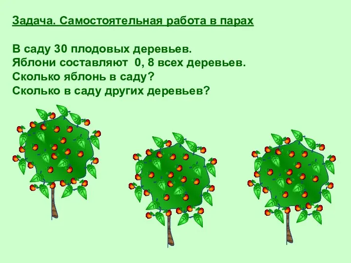 Задача. Самостоятельная работа в парах В саду 30 плодовых деревьев.