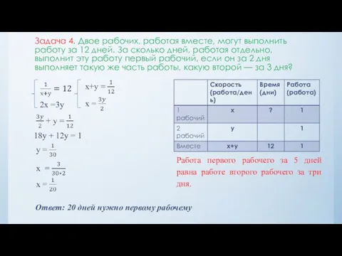 Задача 4. Двое рабочих, работая вместе, могут выполнить работу за