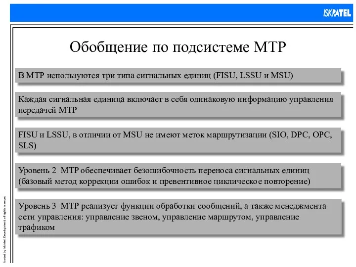 Обобщение по подсистеме МТР В МТР используются три типа сигнальных